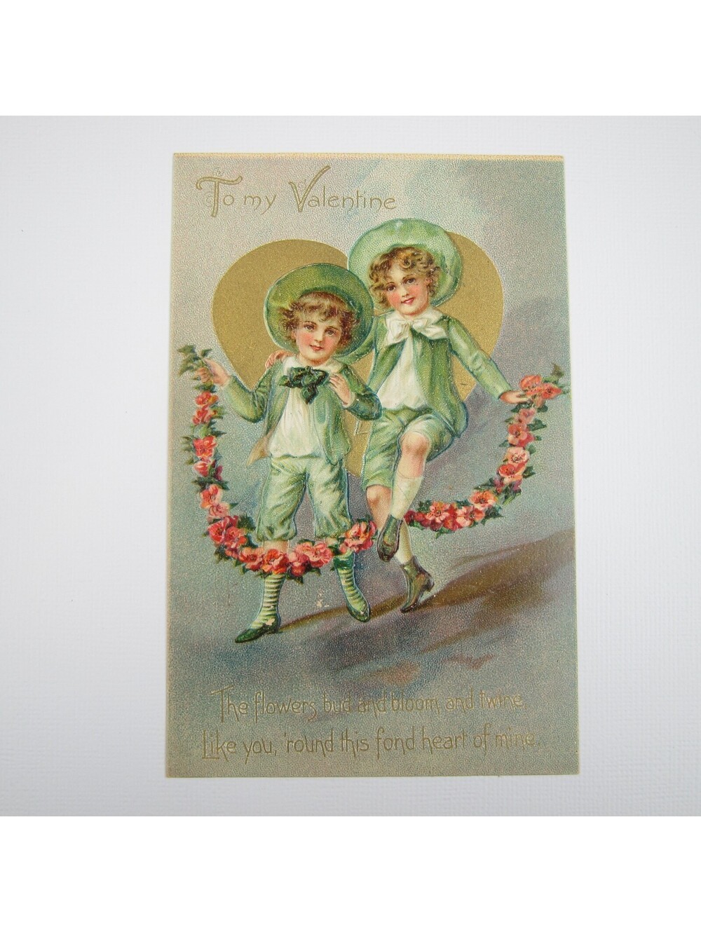 Tuck Postcard Greeting Valentine Boys Green Pink Flowers Gold Embossed UNPOSTED